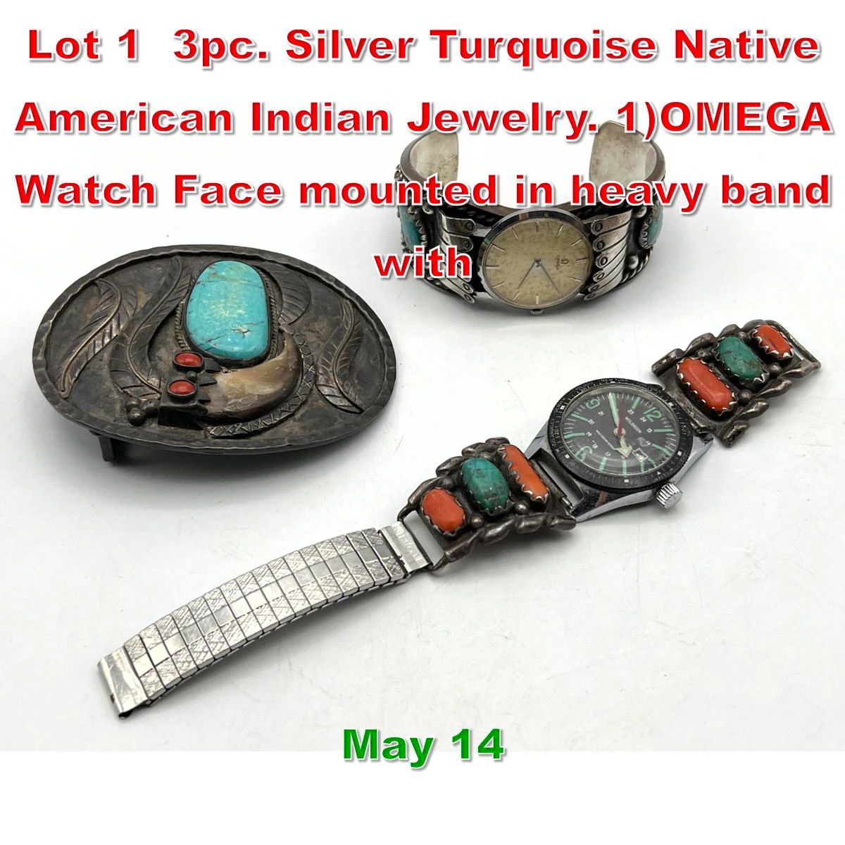 Lot 1 3pc. Silver Turquoise Native American Indian Jewelry. 1OMEGA Watch Face mounted in heavy band with 