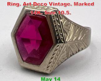 Lot 212 14K Gold WG Red Stone Ring. Art Deco Vintage. Marked 14K. Size 10.5. 