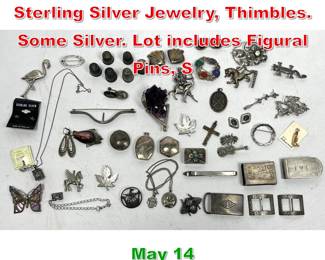 Lot 60 Large Collection Mostly Sterling Silver Jewelry, Thimbles. Some Silver. Lot includes Figural Pins, S