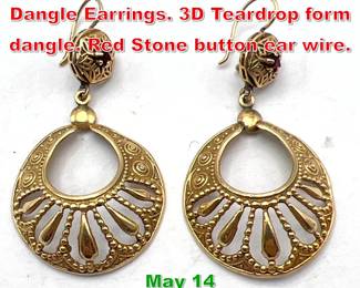 Lot 152 Pr 14k Gold Ornate Vintage Dangle Earrings. 3D Teardrop form dangle. Red Stone button ear wire. 