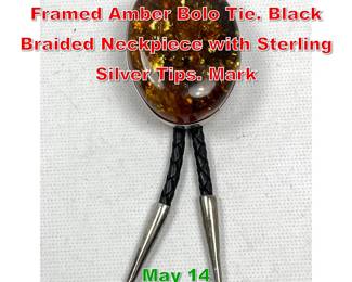 Lot 14 Contemporary Sterling Framed Amber Bolo Tie. Black Braided Neckpiece with Sterling Silver Tips. Mark