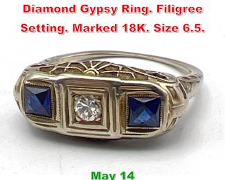 Lot 187 18K Gold Blue Stone Diamond Gypsy Ring. Filigree Setting. Marked 18K. Size 6.5.