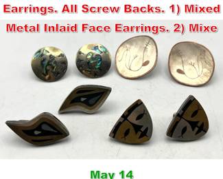 Lot 8 4 Pr Mexican Sterling Silver Earrings. All Screw Backs. 1 Mixed Metal Inlaid Face Earrings. 2 Mixe