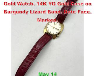 Lot 257 BULOVA ACCUTRON 14K Gold Watch. 14K YG Gold Case on Burgundy Lizard Band. Date Face. Marked. 
