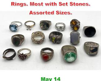 Lot 63 14pc Silver and Sterling Rings. Most with Set Stones. Assorted Sizes. 