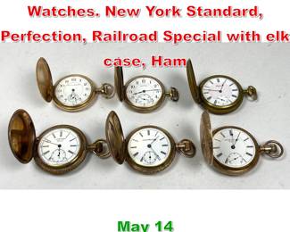 Lot 272 Lot 6 Closed Face Pocket Watches. New York Standard, Perfection, Railroad Special with elk case, Ham