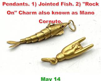 Lot 119 2pc 18K Gold Charms Pendants. 1 Jointed Fish. 2 Rock On Charm also known as Mano Cornuto. 