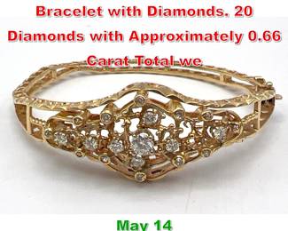 Lot 164 14K Gold Vintage Filigree Bracelet with Diamonds. 20 Diamonds with Approximately 0.66 Carat Total we
