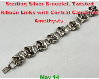 Lot 79 HECTOR AGUILAR Taxco Sterling Silver Bracelet. Twisted Ribbon Links with Central Cabochon Amethysts.