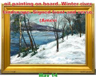 Lot 414 George Schwacha Framed oil painting on board. Winter river landscape. Signed front and verso. Ameri