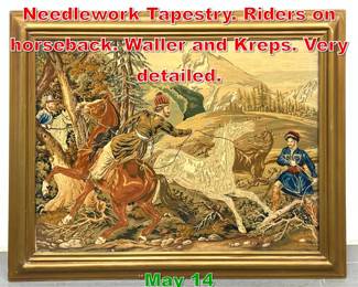 Lot 472 Framed Antique Needlework Tapestry. Riders on horseback. Waller and Kreps. Very detailed.