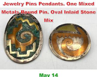 Lot 5 2pc Sterling Silver Mexican Jewelry Pins Pendants. One Mixed Metals Round Pin. Oval Inlaid Stone Mix