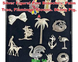 Lot 65 14pc Collection of Sterling Silver Figural Pins Brooches. Palm Tree, Flamingo. Clowns. Skiing Pig. A