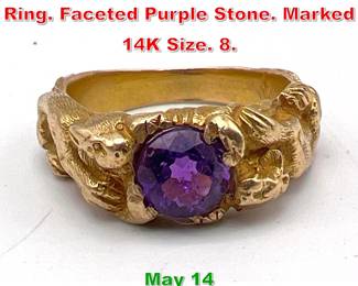 Lot 204 Vintage 14K Gold Lioness Ring. Faceted Purple Stone. Marked 14K Size. 8. 