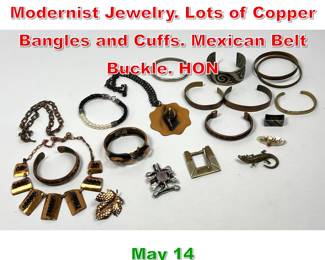 Lot 352 Collection Mid Century Modernist Jewelry. Lots of Copper Bangles and Cuffs. Mexican Belt Buckle. HON