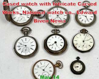 Lot 303 Lot 8 Pocket Watches. Cased watch with Intricate Carved Works, National watch co., Edward Biven Newa