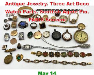 Lot 334 Large Lot Vintage and Antique Jewelry. Three Art Deco Watch Parts. Scottish Agate Pin. PARIS Souveni