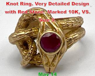 Lot 198 10K YG Gold Vintage Snake Knot Ring. Very Detailed Design with Red Stone. Marked 10K, VS. Size 9. 