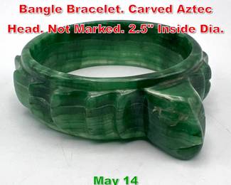 Lot 313 Mexican Green Carved Bangle Bracelet. Carved Aztec Head. Not Marked. 2.5 Inside Dia. 