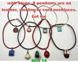 Lot 80 9pc Lot Sterling Pendants with Stone. 8 pendants are on leather, sterling or cord necklaces. Lot inc
