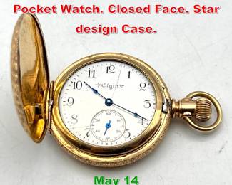 Lot 261 Fancy 14K Gold ELGIN Pocket Watch. Closed Face. Star design Case. 