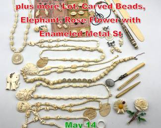 Lot 319 Asian style Carved Jewelry plus more Lot. Carved Beads, Elephant, Rose Flower with Enameled Metal St