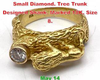 Lot 200 18K Gold Figural Lion Ring. Small Diamond. Tree Trunk Designed Shank. Marked 18K. Size 8. 