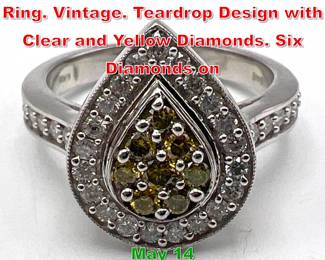 Lot 216 14K White Gold Ladies Ring. Vintage. Teardrop Design with Clear and Yellow Diamonds. Six Diamonds on