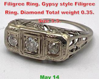 Lot 224 3 Diamond 14K Gold Filigree Ring. Gypsy style Filigree Ring. Diamond Total weight 0.35. Size 5.5. 