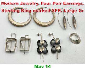 Lot 88 Collection Silver or Sterling Modern Jewelry. Four Pair Earrings. Sterling Ring marked SFR. Large Gr