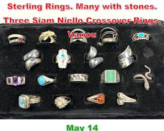 Lot 64 Collection 20 Silver and Sterling Rings. Many with stones. Three Siam Niello Crossover Rings. Variou