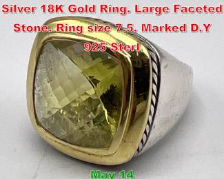 Lot 54 DAVID YURMAN Sterling Silver 18K Gold Ring. Large Faceted Stone. Ring size 7.5. Marked D.Y 925 Sterl