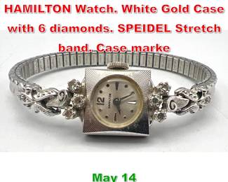 Lot 254 14K Gold WG Ladies HAMILTON Watch. White Gold Case with 6 diamonds. SPEIDEL Stretch band. Case marke