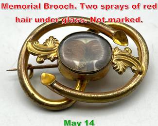 Lot 328 Antique Gold Fill Hair Memorial Brooch. Two sprays of red hair under glass. Not marked.