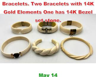 Lot 318 Lot 6 Carved Material Bracelets. Two Bracelets with 14K Gold Elements One has 14K Bezel set stone. 