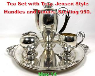 Lot 353 Sterling Scandinavian Style Tea Set with Tray. Jensen Style Handles and Finials. Sterling 950. 