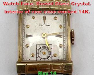 Lot 240 14K Gold CROTON Mens Watch Face. Bowed Glass Crystal. Interior of rear case marked 14K. 