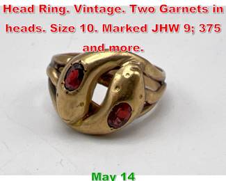 Lot 208 9K Gold Double Snake Head Ring. Vintage. Two Garnets in heads. Size 10. Marked JHW 9 375 and more. 