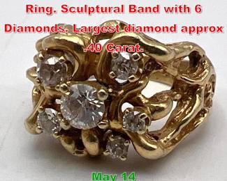 Lot 230 14K Gold Diamond Brutalist Ring. Sculptural Band with 6 Diamonds. Largest diamond approx .40 Carat. 