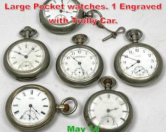 Lot 288 Lot 6 American Waltham Large Pocket watches. 1 Engraved with Trolly Car. 