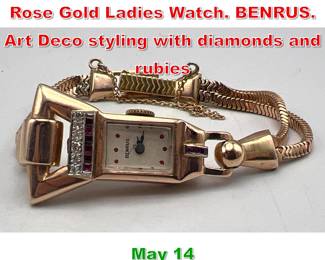 Lot 251 Stylish 1940 s Vintage 14K Rose Gold Ladies Watch. BENRUS. Art Deco styling with diamonds and rubies