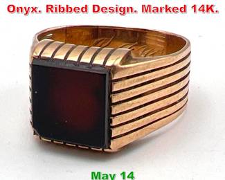 Lot 209 14K Gold Ring with Black Onyx. Ribbed Design. Marked 14K. 