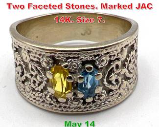 Lot 228 14K WG Gold Band Ring Two Faceted Stones. Marked JAC 14K. Size 7. 