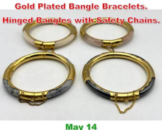 Lot 329 Lot 4 Chinese Stone and Gold Plated Bangle Bracelets. Hinged Bangles with Safety Chains. 