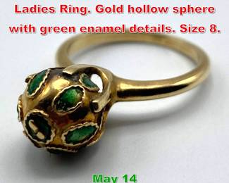 Lot 189 14K Gold Enamel Ball Ladies Ring. Gold hollow sphere with green enamel details. Size 8. 