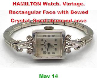 Lot 252 14K White Gold LADY HAMILTON Watch. Vintage. Rectangular Face with Bowed Crystal. Small diamond acce