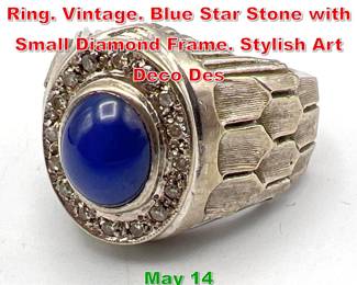 Lot 227 14K Whit Gold Art Deco Ring. Vintage. Blue Star Stone with Small Diamond Frame. Stylish Art Deco Des