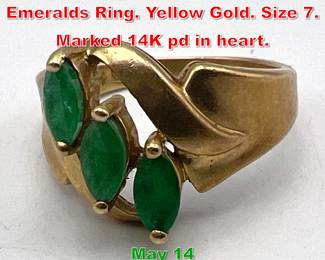 Lot 214 14K Gold Three Marquise Emeralds Ring. Yellow Gold. Size 7. Marked 14K pd in heart. 