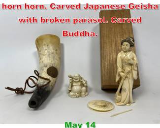 Lot 443 3pc Asian Objects. Natural horn horn. Carved Japanese Geisha with broken parasol. Carved Buddha. 