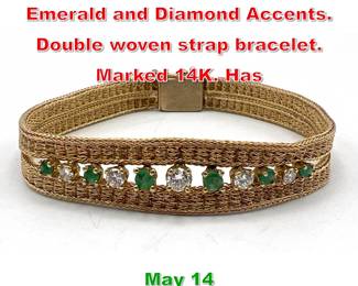 Lot 129 14K Gold Bracelet. Faceted Emerald and Diamond Accents. Double woven strap bracelet. Marked 14K. Has